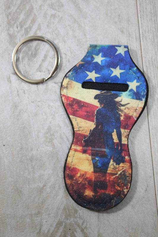 Adventure Chapstick Holder Keychain- Cowgirl Flag