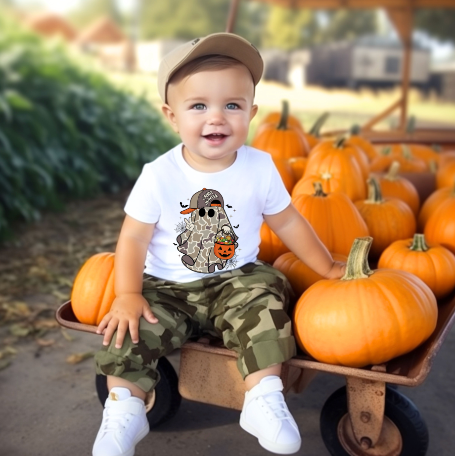 Camo Ghost Candy Hunter Kids Halloween Tee