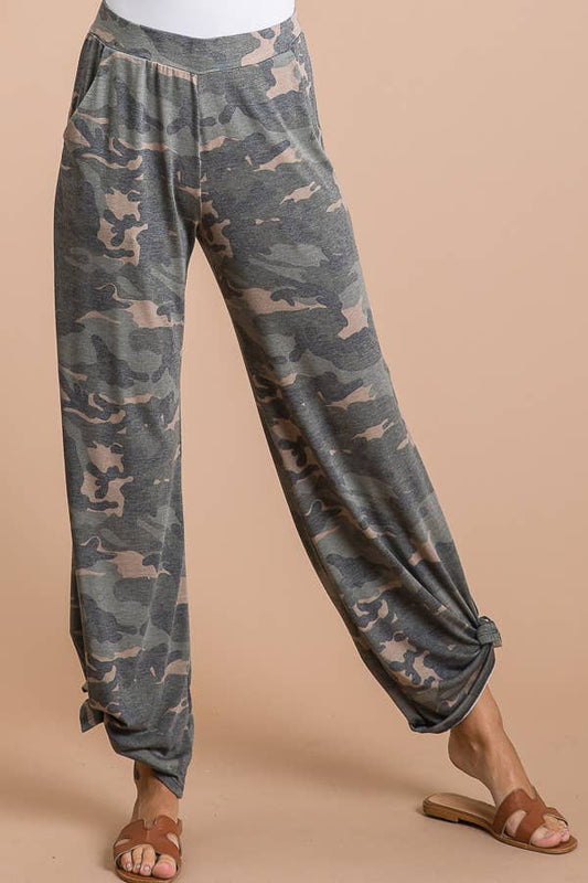 Camo Print Split Side Ankle Tie Pants