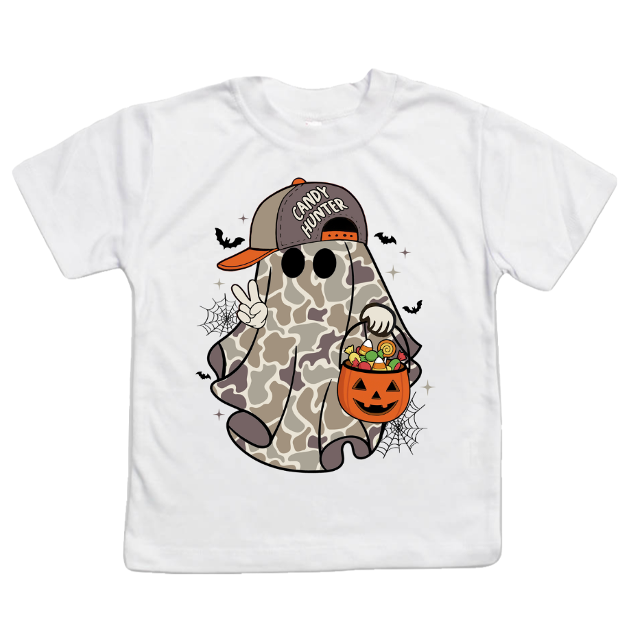 Camo Ghost Candy Hunter Kids Halloween Tee