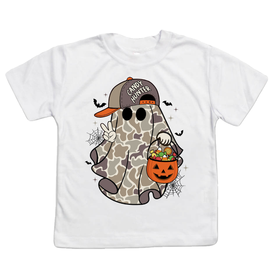 Camo Ghost Candy Hunter Kids Halloween Tee