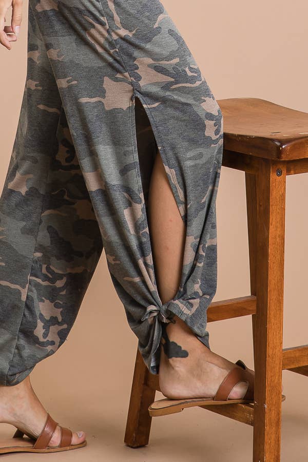 Camo Print Split Side Ankle Tie Pants