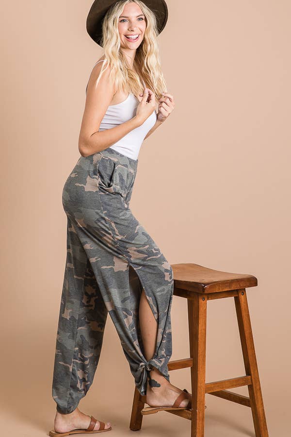 Camo Print Split Side Ankle Tie Pants