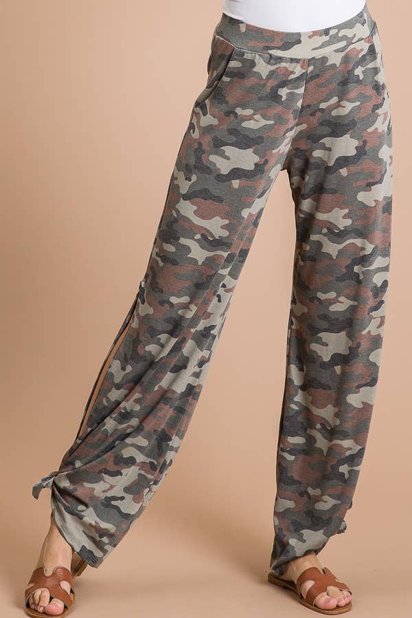 Camo Print Split Side Ankle Tie Pants